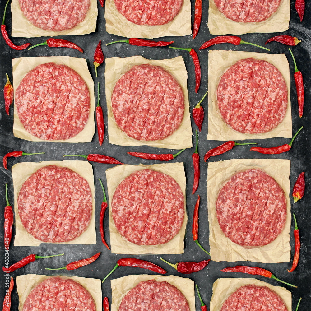 Many Raw Minced Steak Burgers from Beef Pork Meat on Black Background, Overhead View. Uncooked Ground Meat Patties for Grilling. Burgers for BBQ Grill and Grilling Tools, Top View. Abstract Pattern. Many Raw Minced Steak Burgers from Beef Pork Meat on Black Background, Overhead View. Uncooked Ground Meat Patties for Grilling. Burgers for BBQ Grill and Grilling Tools, Top View. Abstract Pattern.