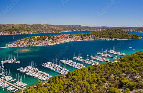 Aerial View of Yacht Club and Marina called Marina Frapa in Rogoznica, Croatia. September 2020