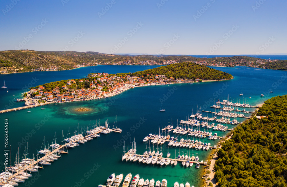 Aerial View of Yacht Club and Marina called Marina Frapa in Rogoznica, Croatia. September 2020