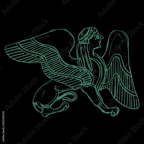 Fantastic winged female sphinx. Ancient Greek mythological creature. Half woman half lion. Hand drawn linear doodle rough sketch. Green silhouette on black background.