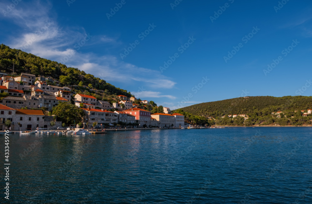 Pucisca is small town on Island of Brac, popular touristic destination on Adriatic sea, Croatia. August 2020.