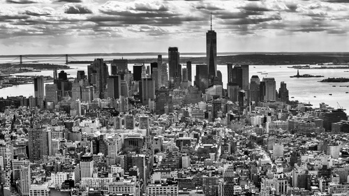 Aerial view of New York City skyline  USA. Black and white