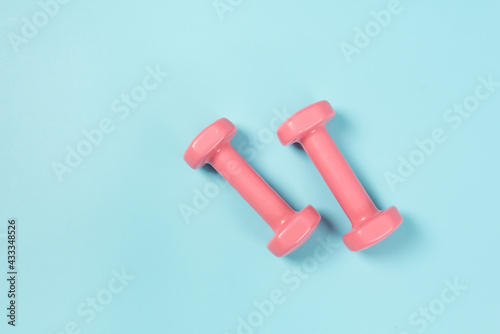 Two pink dumbbells isolated on blue background