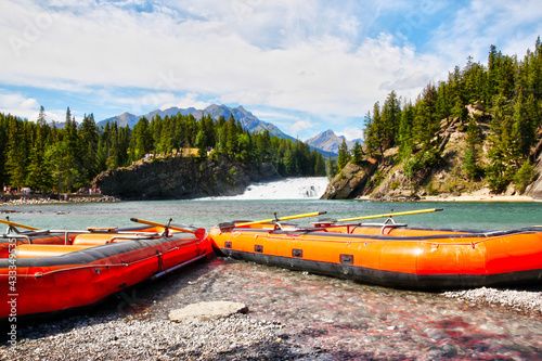 Rafting Boats on Bow River in Canadian Rockies of Banff National Park