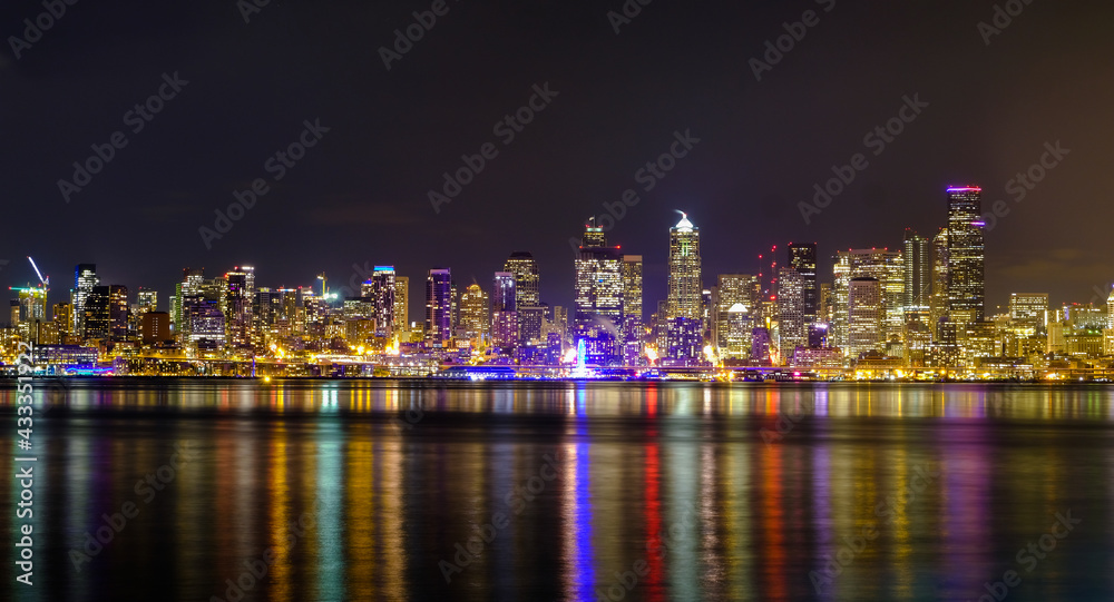 Seattle city scape at night with reflection lake,Seattle,Washington,USA Seattle city scape at night with reflection lake,Seattle,Washington,USA