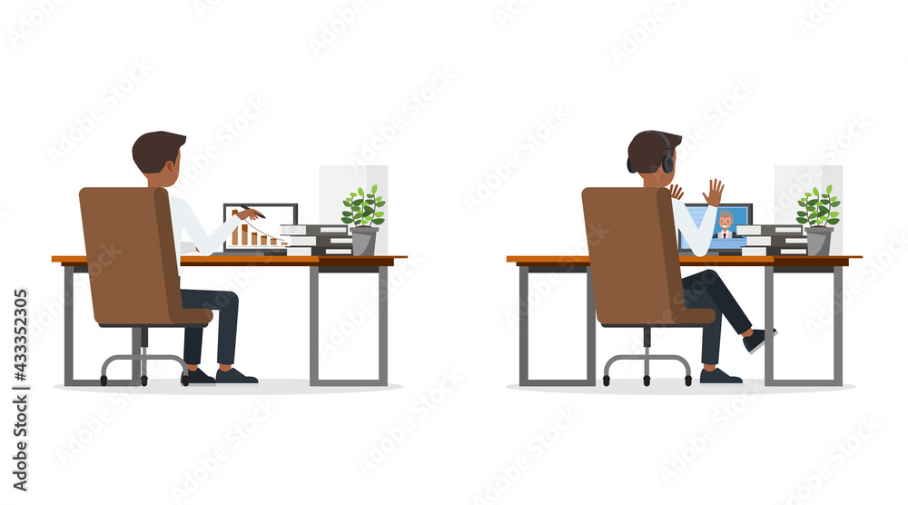 Fototapeta premium businessman wear white suit and blue tie character vector design. Presentation in various action.