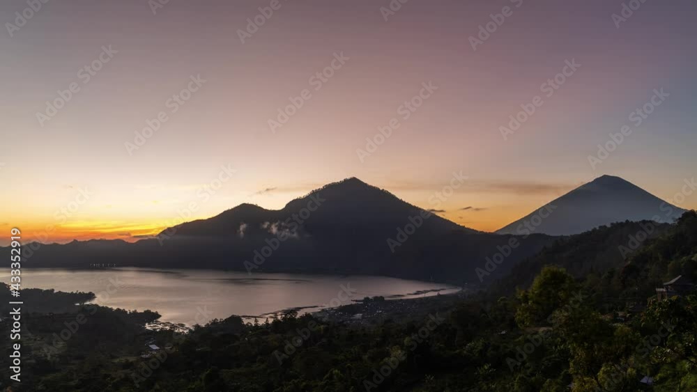 Beautiful Sunrise at Batur Lake Volcano in Kintamani Bali Indonesia Time Lapse