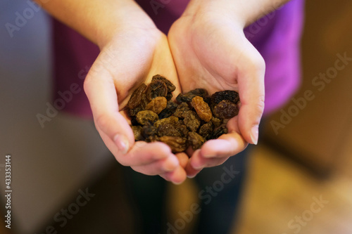 Cupped hands holding raisins, close-up