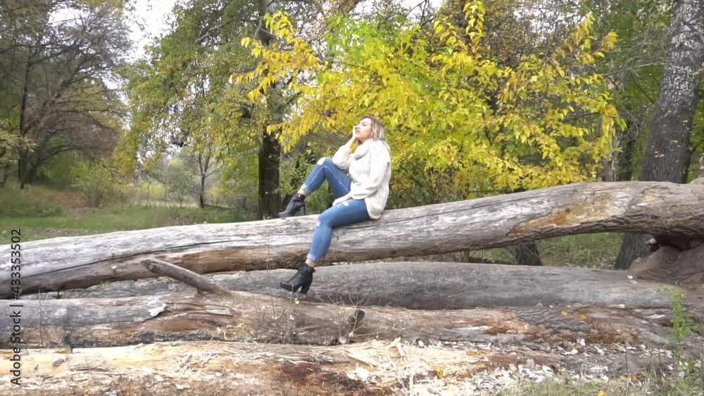 Attractive girl fashionable dressed sitting and posing in autumn park. Attractive girl fashionable dressed sitting and posing in autumn park.