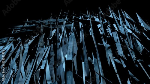 Abstract background..3d rendering animation..Saber blue sharp photorealistic geometric shapes in rotation..Metal or crystal structure on a black background..Futuristic concept..Space for copy text.
