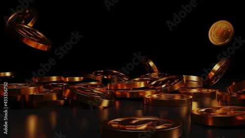 Gold coins with US dollar sign falling from above on a flat metallic surface. Concept of banking, saving, investment and wealth. 3D rendering animation.