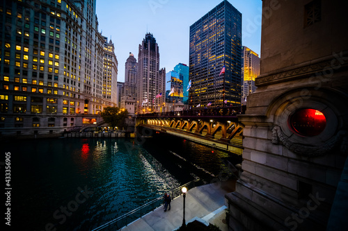 Chicago downtown and Chicago River at night, 