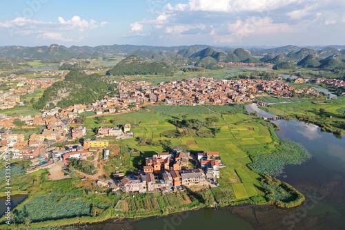 Aerial view of Puzhehei Scenic Area in Yunnan, China photo