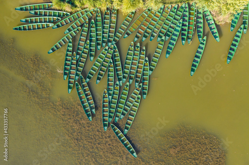 Aerial view of wooden boats in Puzhehei, Yunnan - China photo