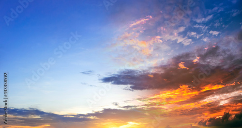 World environment day concept: Panoramic photo bright spring sunset with blue sky