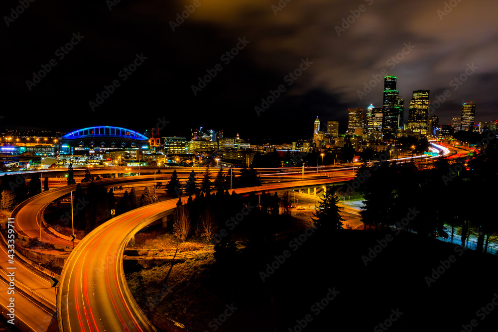 Night city view of Seattle city scape at night time,Long Exposure picture of Downtown Seattle,WA,  USA