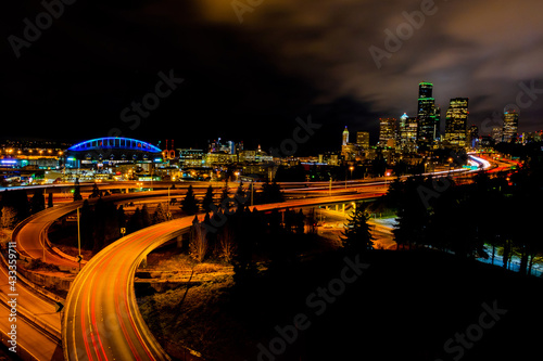 Night city view of Seattle city scape at night time,Long Exposure picture of Downtown Seattle,WA, USA