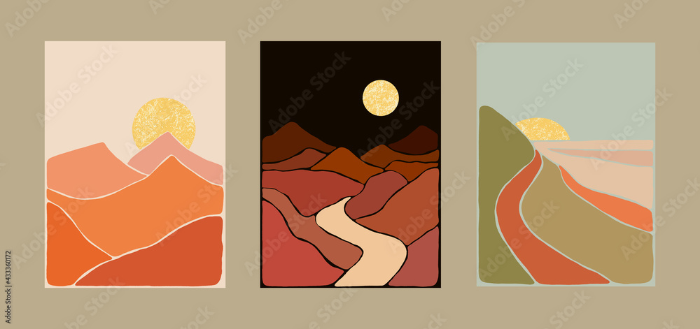 Abstract Bohemian Art Landscape Terracotta and Mint Green Tones. Boho Style. Mountain View, Sun, Moon, Hills. Vector Art Poster.