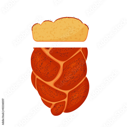 Hala with poppy seeds is the national Jewish food. White bread. Vector illustration isolated on white background.