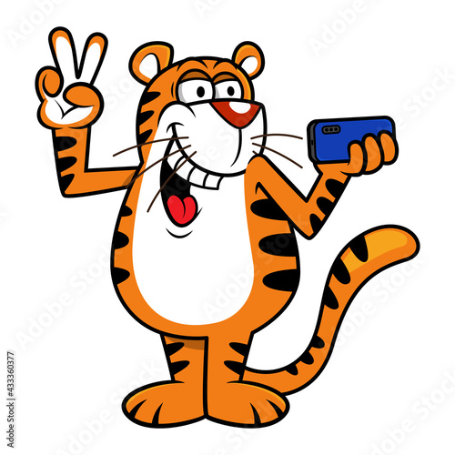 Funny Tiger cartoon characters, making peace finger gesture and taking selfie picture with smartphones, best for mascot or logo for zoo, or safari on holiday