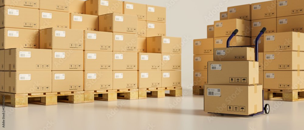 3D rendering, logistic concept, cardboard boxes stacked in the storage warehouse with a cart 3D rendering, logistic concept, cardboard boxes stacked in the storage warehouse with a cart