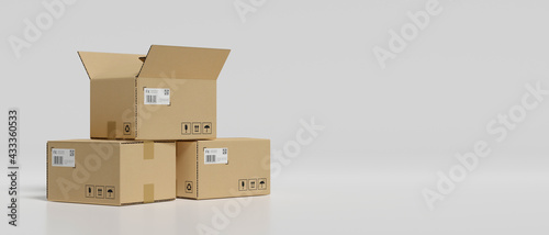 3D rendering, cardboard boxes stacked in the storage warehouse photo
