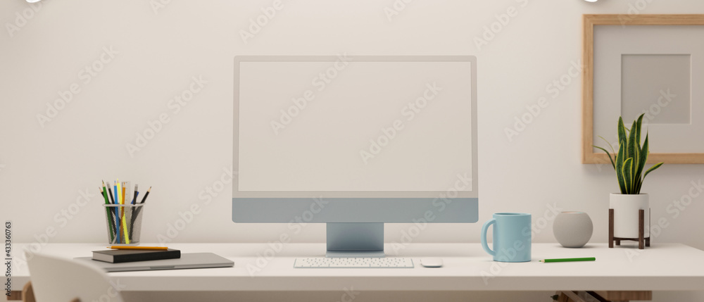 Fototapeta 3D rendering, computer with mock-up screen on white table with stationery and decoration in minimal room