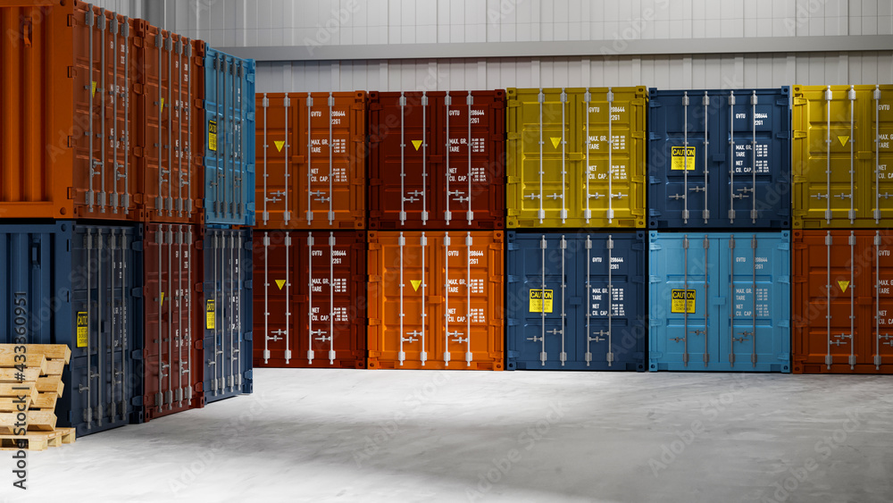 Fototapeta premium Stack of colourful containers in n storage warehouse, 3D rendering