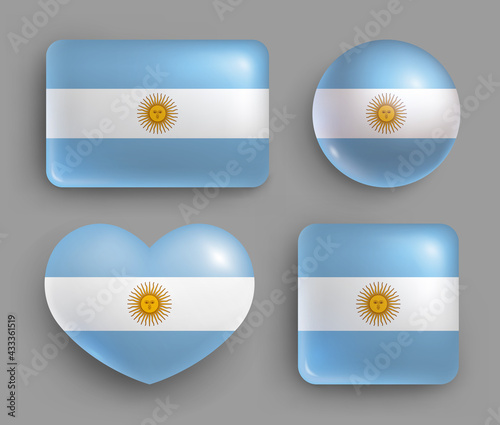 Set of glossy buttons with Argentina country flag. Latin America country national flag, shiny geometric shape badges. Argentina symbols in patriotic colors realistic vector illustration