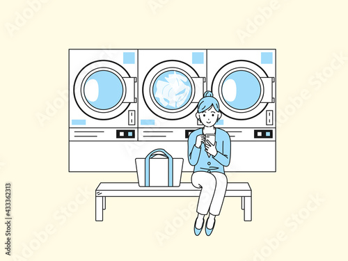 コインランドリーを利用する　女性　主婦　イラスト素材