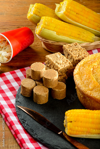 Brazilian festa junina party. Table with traditional food and sweets for Festa Junina.