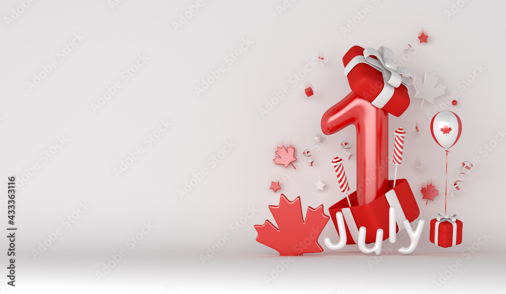 Happy Canada day decoration background with balloon firework maple leaves gift box copy space text, 3d rendering illustration