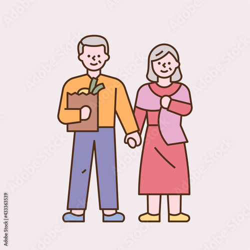 Senior couples are holding hands and shopping. flat design style minimal vector illustration.