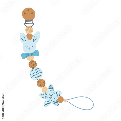 Baby boho,scandinavian toy,wooden pacifier nipple with blue bunnies.Vector hand drawn
