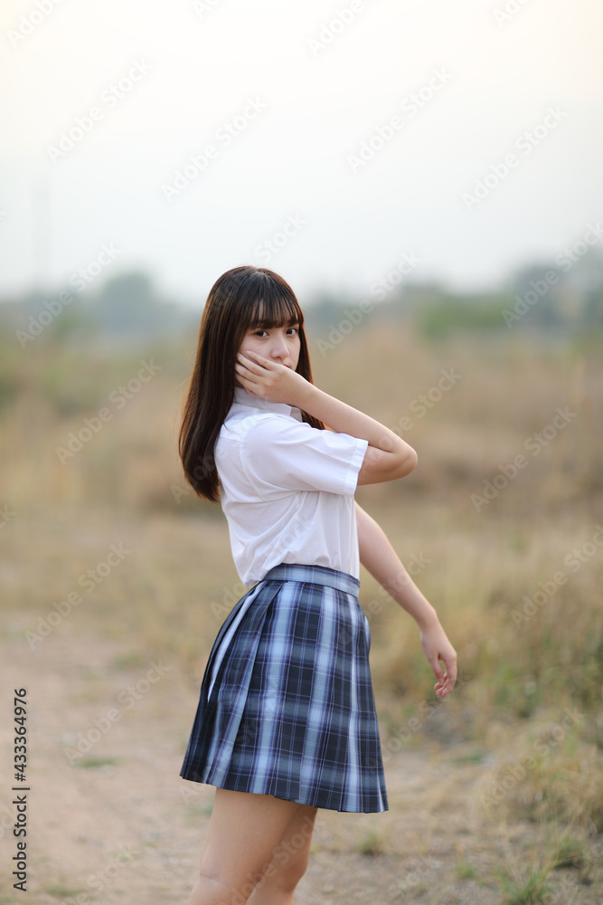 beautiful asian japanese school girl uniform looking at park outdoor beautiful asian japanese school girl uniform looking at park outdoor