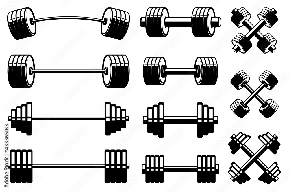 Set of barbells and dumbells in monochrome style. Design element for logo, label, sign, emblem. Vector illustration Set of barbells and dumbells in monochrome style. Design element for logo, label, sign, emblem. Vector illustration