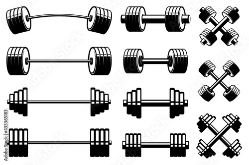 Set of barbells and dumbells in monochrome style. Design element for logo, label, sign, emblem. Vector illustration