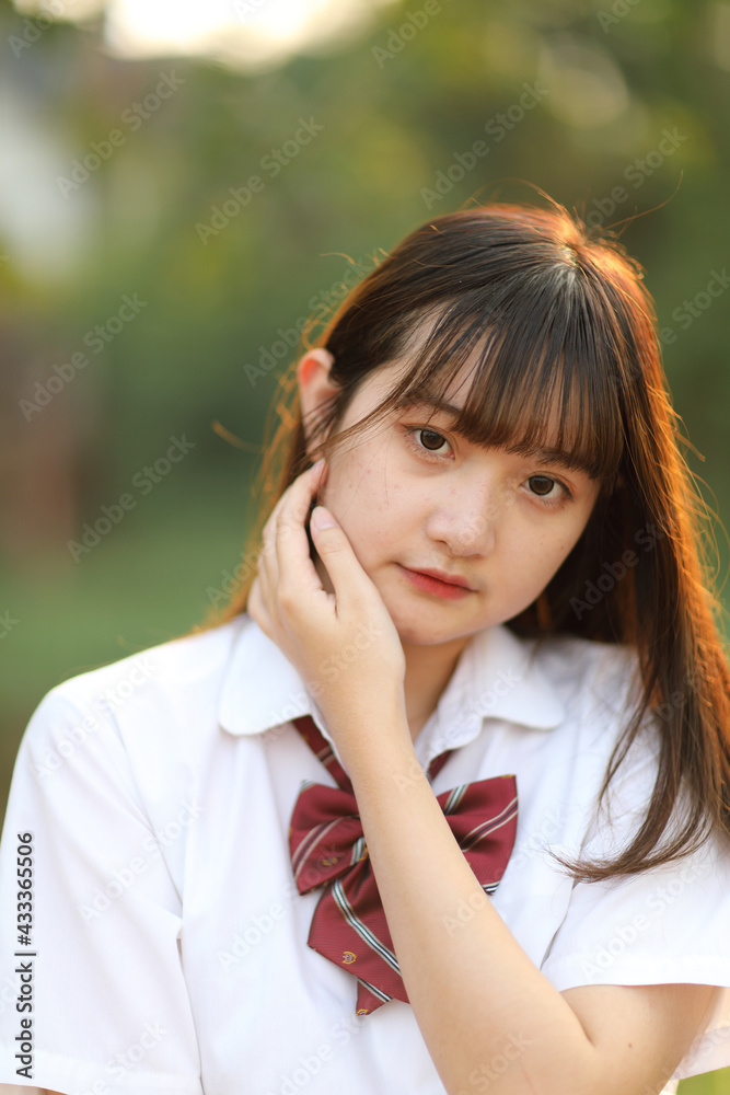 beautiful asian japanese school girl uniform looking at park outdoor beautiful asian japanese school girl uniform looking at park outdoor