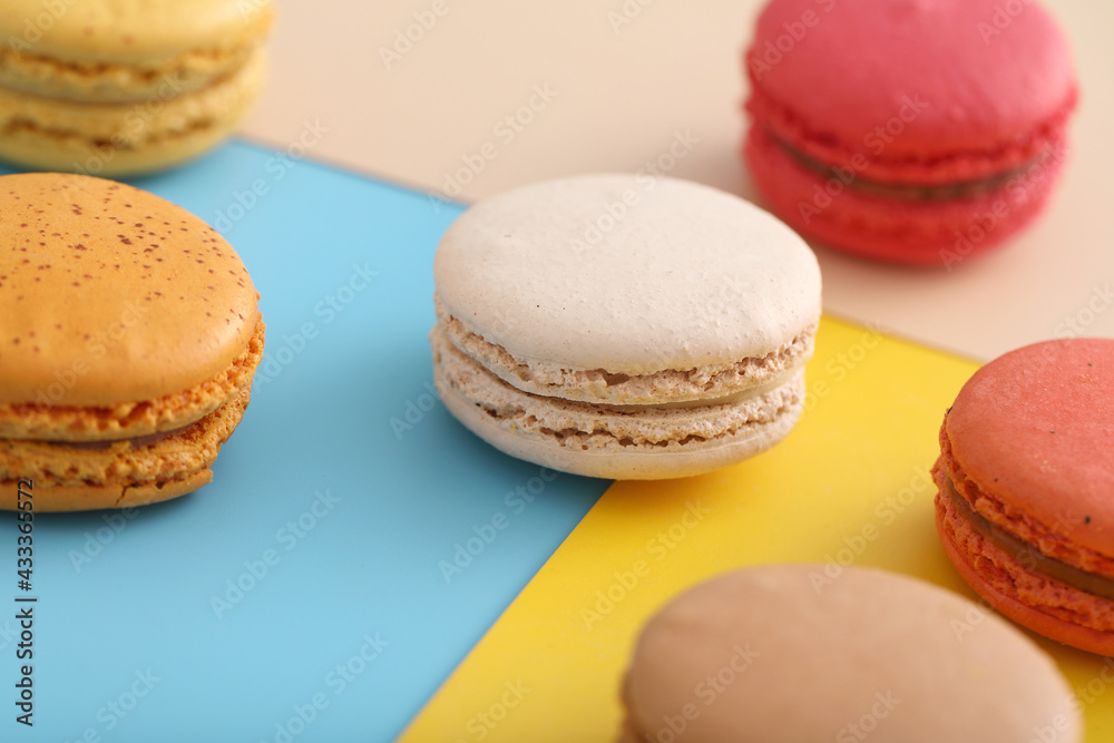 Colorful macarons isolated in pastel background