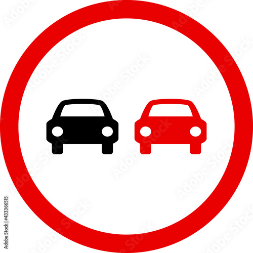 No overtaking sign. Red circle background. Traffic signs and symbols.