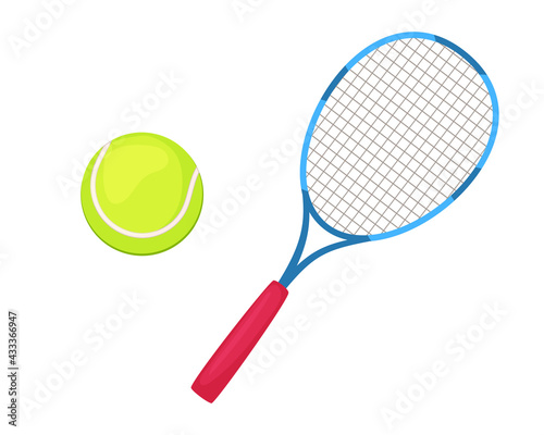 Tennis racket and ball in cartoon style. Tennis equipment vector. Isolated on a white background.
