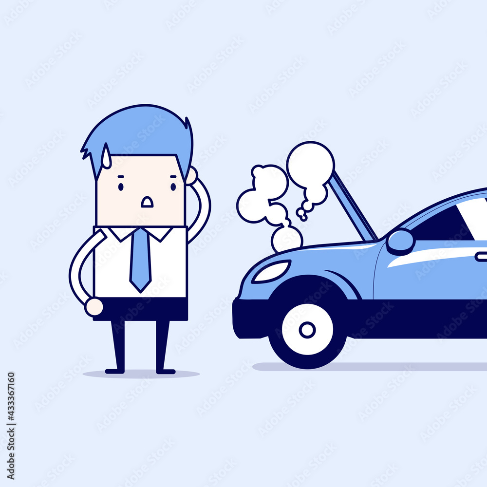 Businessman have a force majeure, a car broke down. Cartoon character thin line style vector.