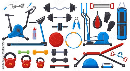 Gym fitness equipment. Sport training weights, dumbbell, barbell, gym ball, treadmill and exercise bike vector illustration set. Fitness sport equipment
