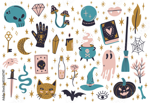Halloween witchcraft elements. Magical doodle witch potion, skull, snake and magic cauldron vector illustration set. Witchcraft hand drawn symbols