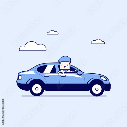 Businessman rides in the car. Cartoon character thin line style vector.