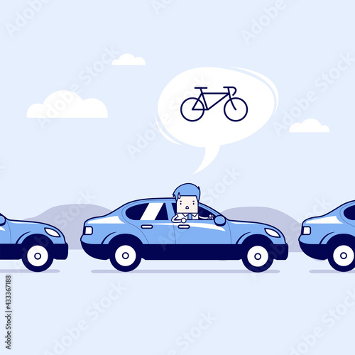 Businessman on the road with traffic jam, Thought to work by bike better. Cartoon character thin line style vector.