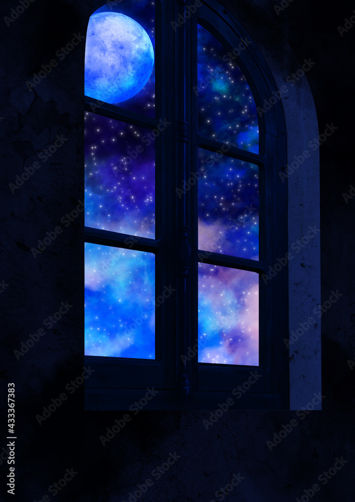 窓から見える満月の出た夜空のイラスト