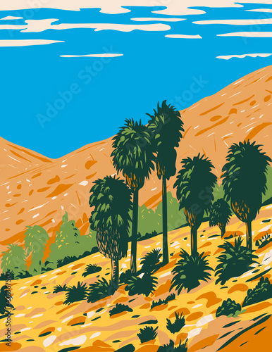 WPA Poster Art of Fortynine Palms Oasis an out and back trail in a rocky canyon located in Joshua Tree National Park California done in works project administration style or federal art project style. photo