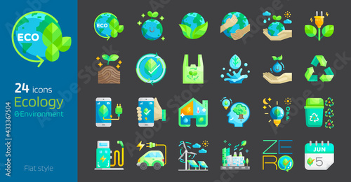 Ecology flat style icon set. Safe earth,water,energy,renewable concept environment day and earth day. Eco friendly design vector illustration.