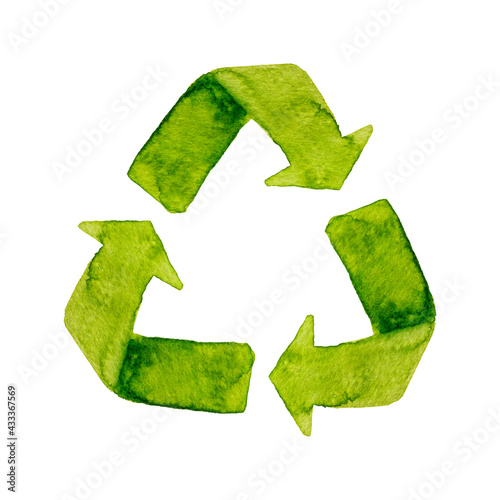 Vector watercolor green recycling symbol isolated on white background for eco aware design